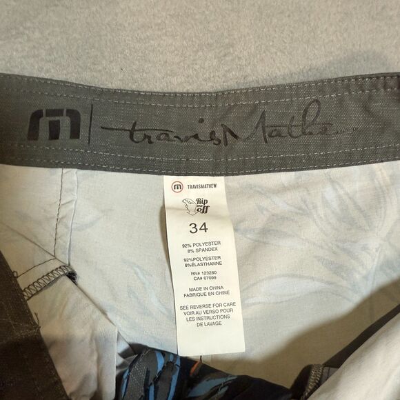 TravisMathew Leaf Print Swim Trunks Mens Gray Drawstring Resort Stretch Logo 34" - Picture 5 of 5